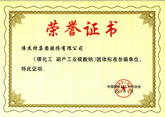 倍杰特集團(tuán)股份有限公司煤化工副產(chǎn)工業(yè)硫酸 鈉榮譽(yù)證書